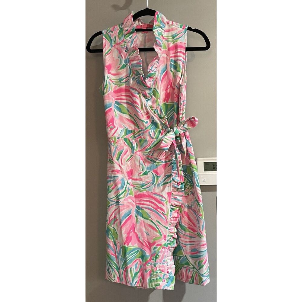 Lilly‎ Pulitzer Dress Romee Wrap Ruffle Floral My World Cotton Stretch Womens XS - Picture 1 of 7